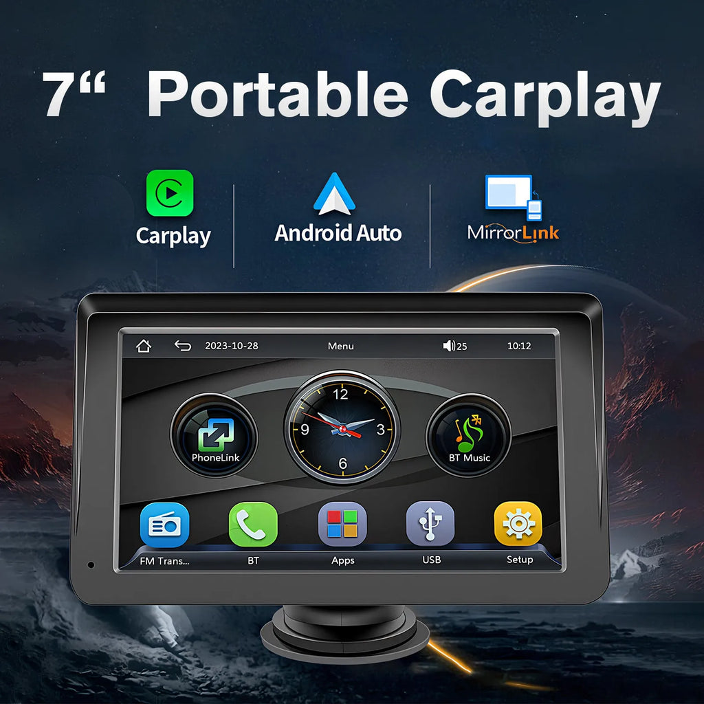 Portable 7-inch car stereo with wireless CarPlay and Android Auto touchscreen display
