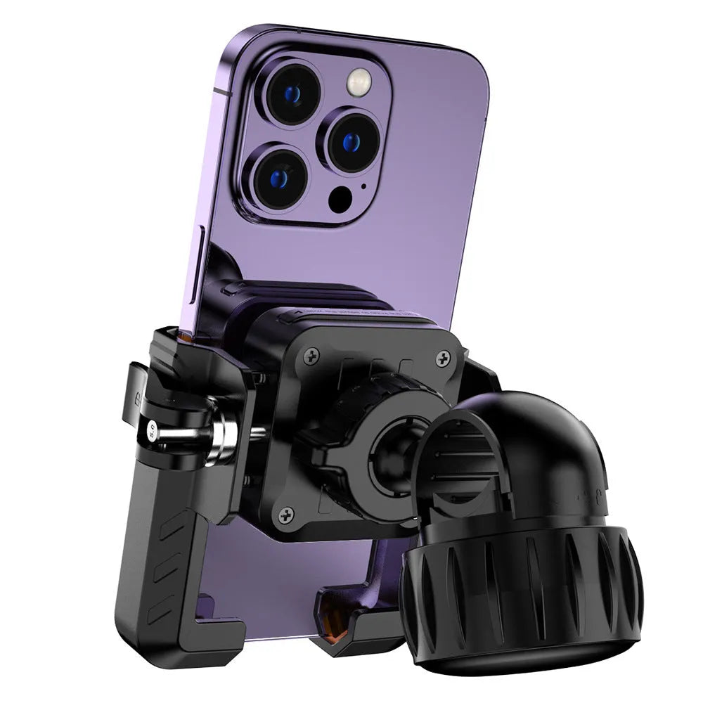 Black aluminium alloy motorcycle phone navigation bracket mounted on handlebars