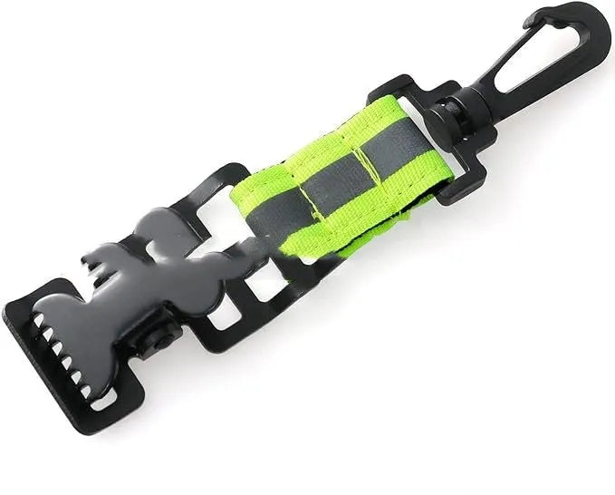 Fluorescent green universal gloves clamp with metal buckle and reflective tape.