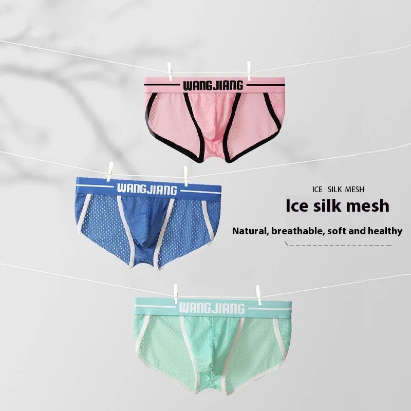 Men's black Ice Silk mesh triangle underwear briefs laid flat, showing breathable fabric texture.