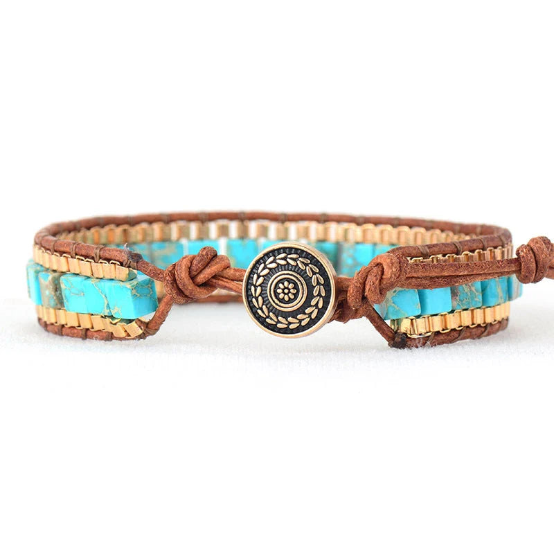 Hand-woven leather bracelet with blue imperial stone accent, geometric design