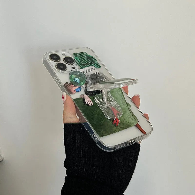 New illustration anti drop silicone phone case for iPhone with push pull bracket option
