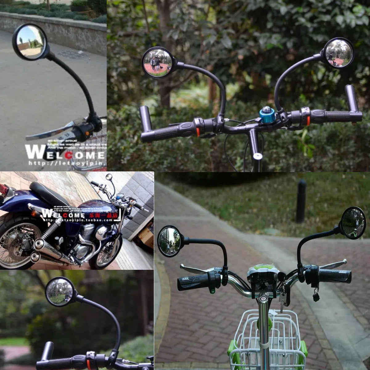 Black metal bicycle rearview mirror with hose adjustment system for handlebar or helmet mounting