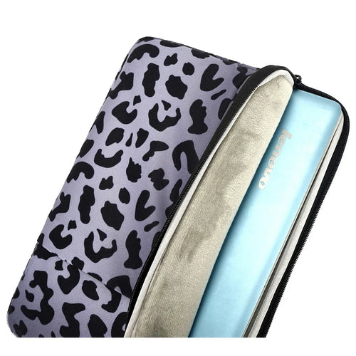Leopard print laptop protective sleeve showing flannel interior and waterproof polyester exterior
