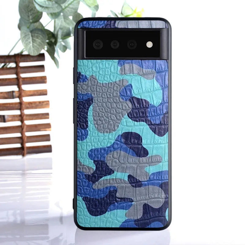 Camouflage PU back cover for Google Pixel phone, available in green, gray, blue, and orange, textured grip case