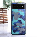 Camouflage PU back cover for Google Pixel phone, available in green, gray, blue, and orange, textured grip case