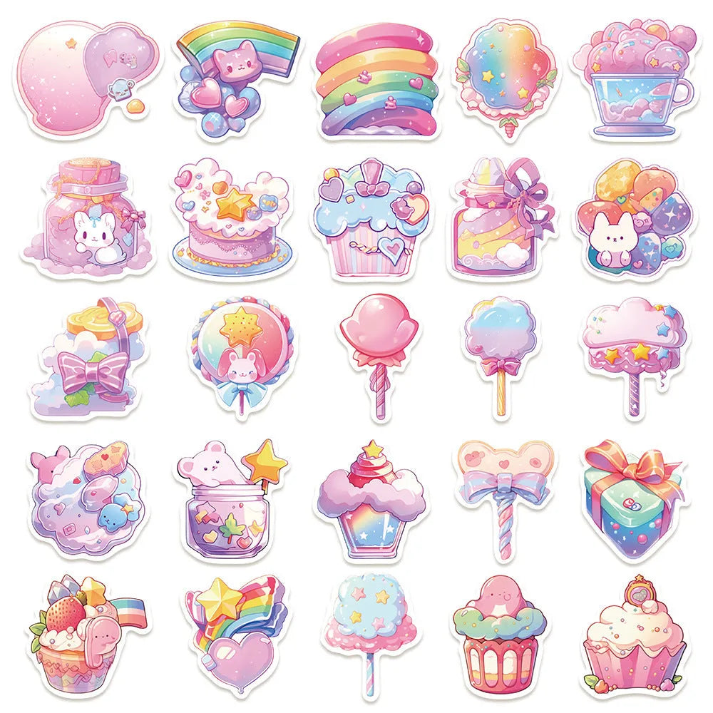 Pack of 50 sheets of colourful fresh candy small object waterproof decorative stickers.