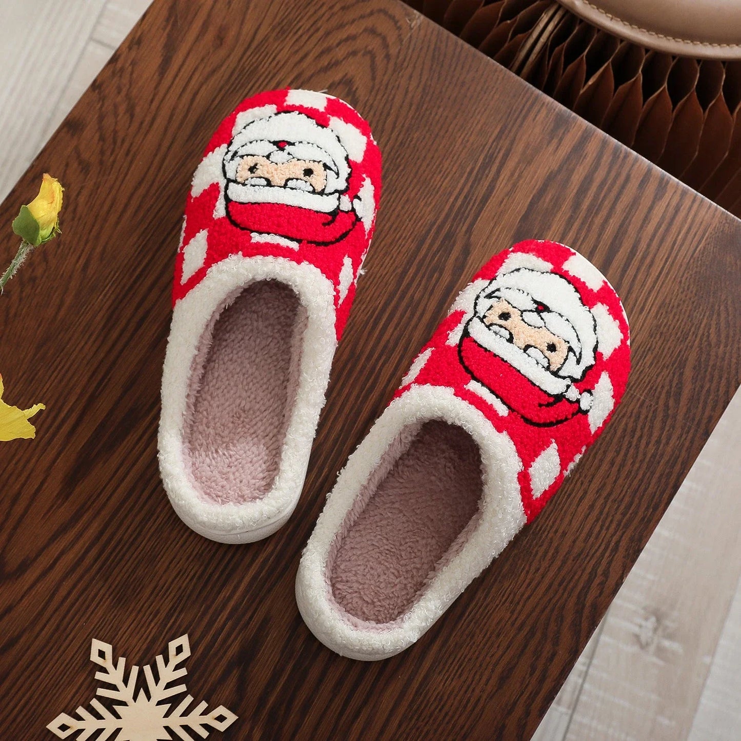 Cozy plaid Christmas slippers for women with non-slip soles and fuzzy, warm interior