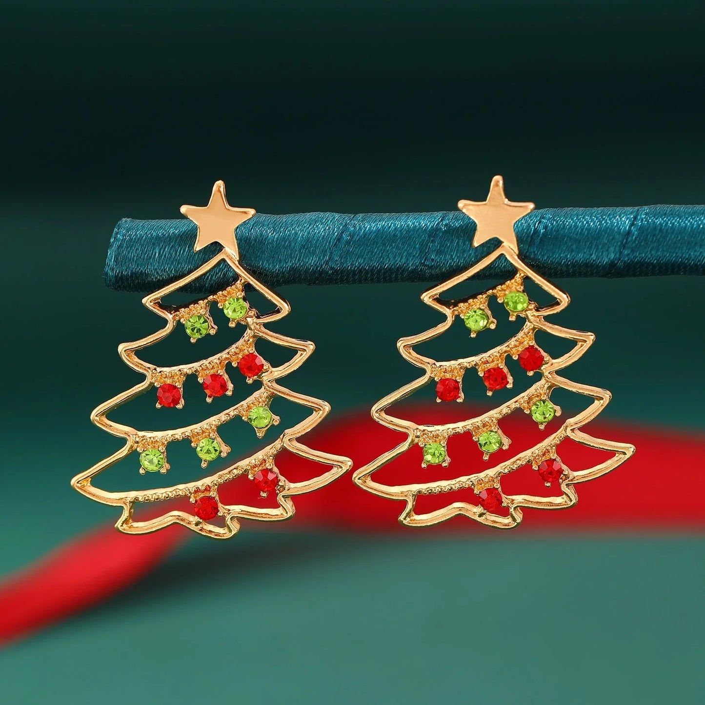Christmas tree earrings with colourful zircon stones for women