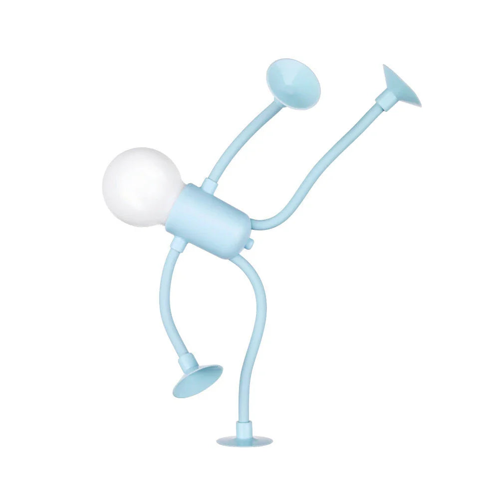 Versatile posable sports lamp with flexible design and vacuum suction base, available in beige, pink, blue, and black colors