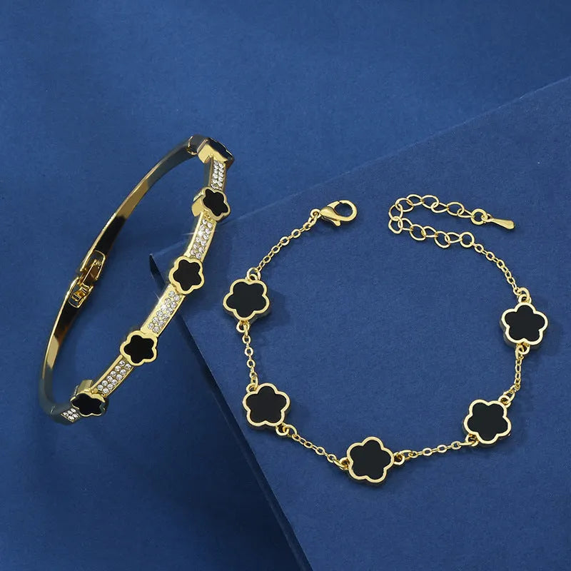 Five Petal Flower Brace Lace Bracelet Two-piece Set in copper with electroplated finish, five colours available