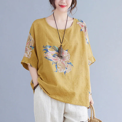 Korean cotton hemp half sleeve top with printing pattern in yellow and orange