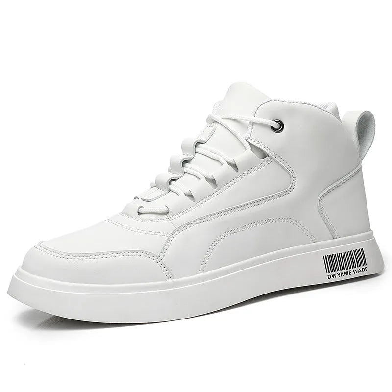 Men's white mid-top casual lace-up sneakers with a round toe and rubber sole