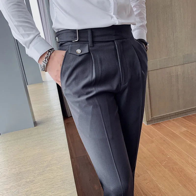 Men's solid colour straight leg casual trousers in polyester, shown in a light colour on a hanger.