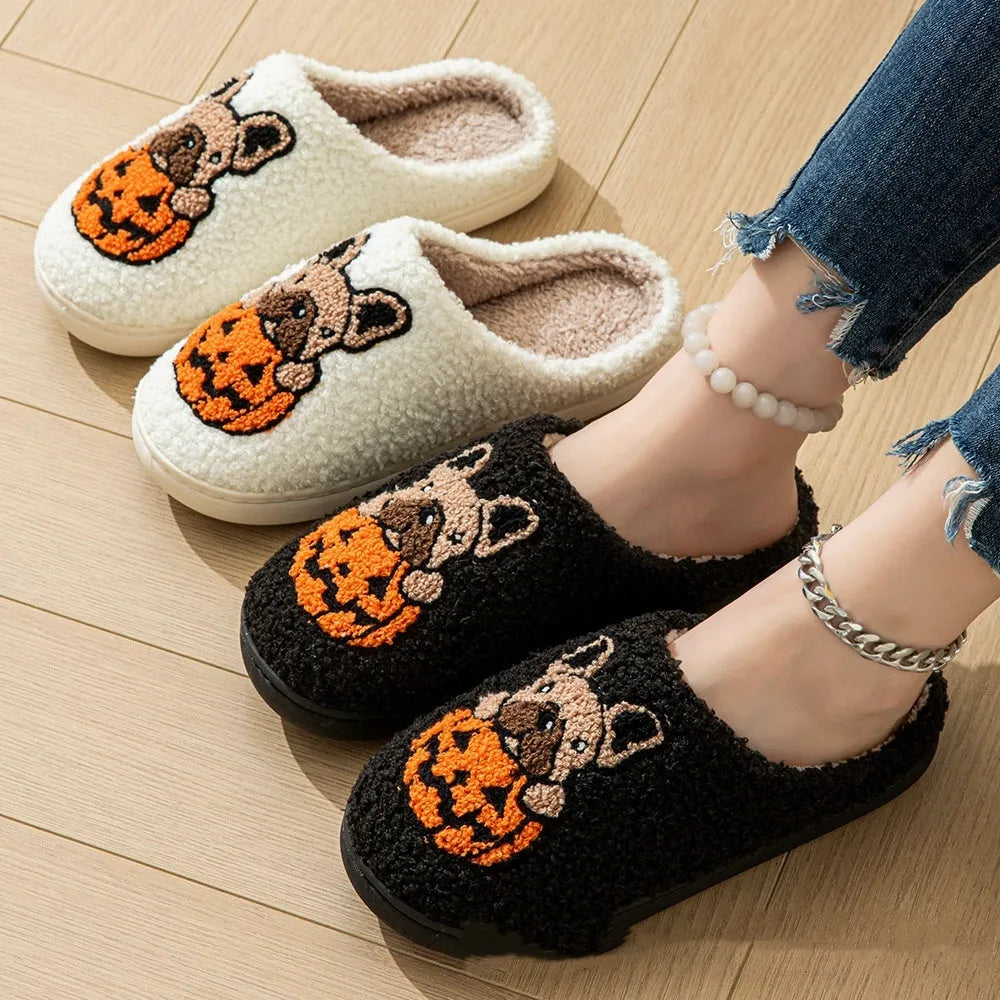 Halloween pumpkin slippers with plush upper and TPR rubber soles in black and white colours