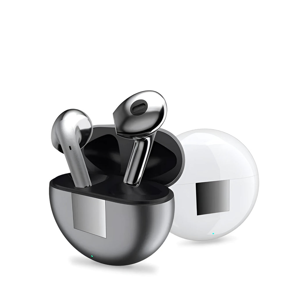 White Budz5 wireless Bluetooth semi-in-ear headphones with charging case on a table.