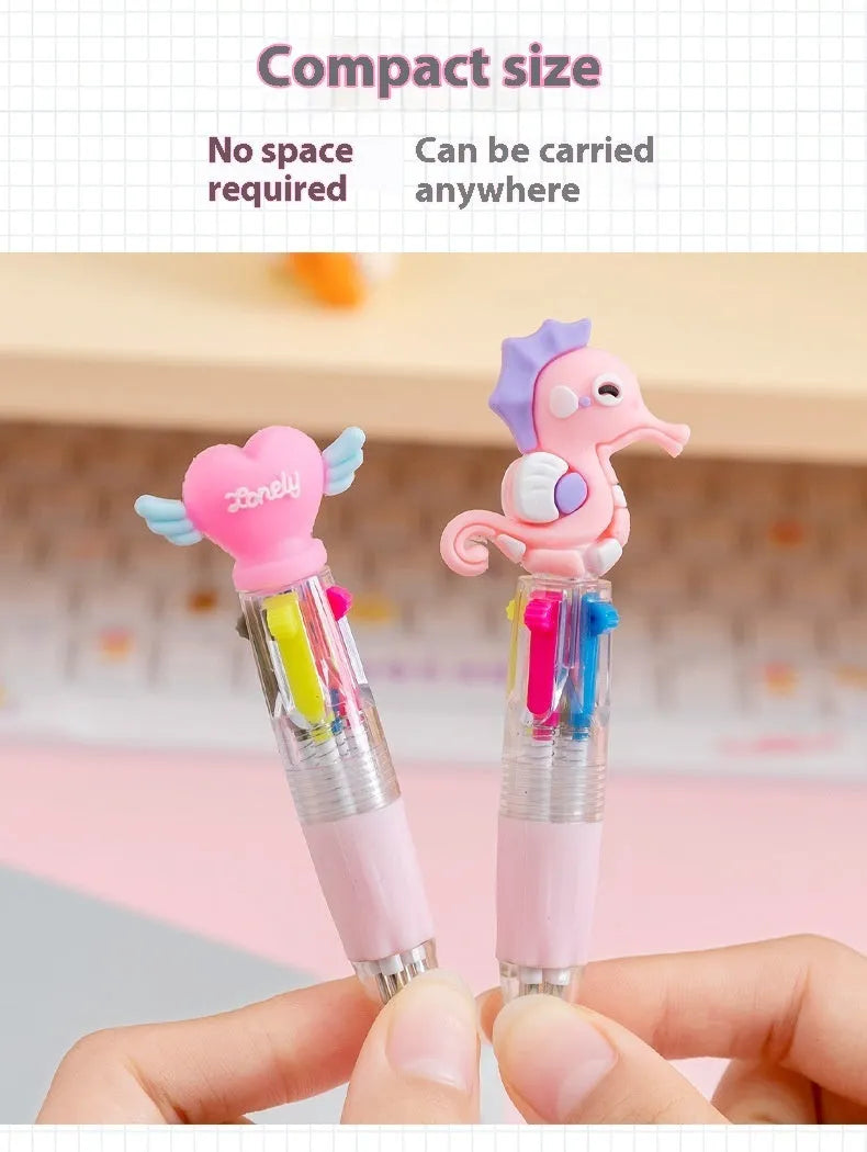 Cartoon-themed four-colour press ballpoint pen with plastic and silicone body and 0.7mm bullet tip