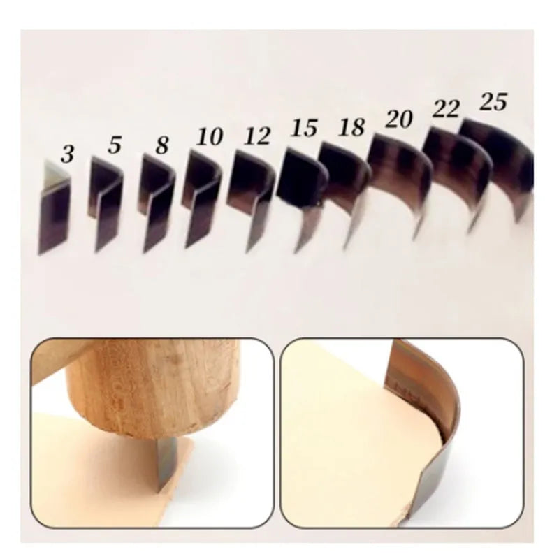Steel leather die cutting knife die for curved fillet belt cuts with sizes from 2mm to 18mm.