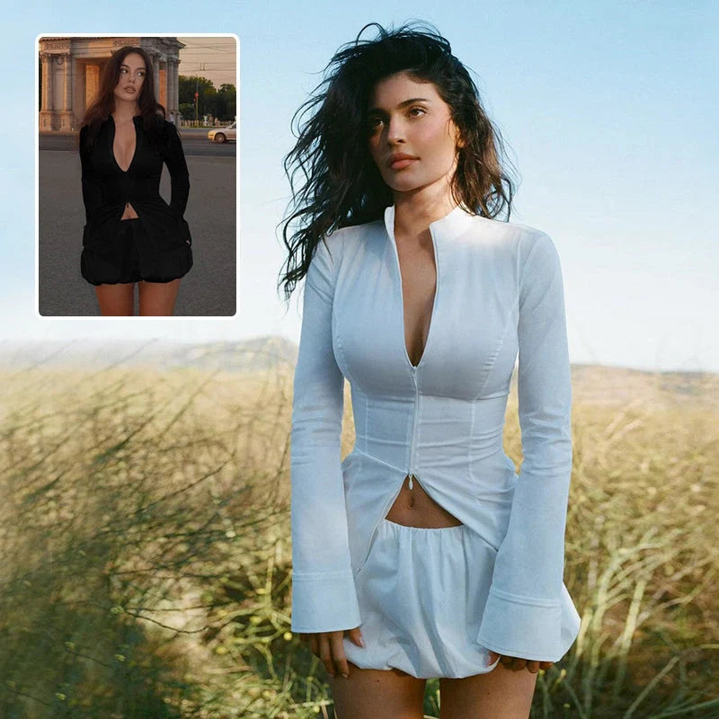 Women's slim suits V-neck zipper long-sleeved top and mini skirt two-piece set in white and black