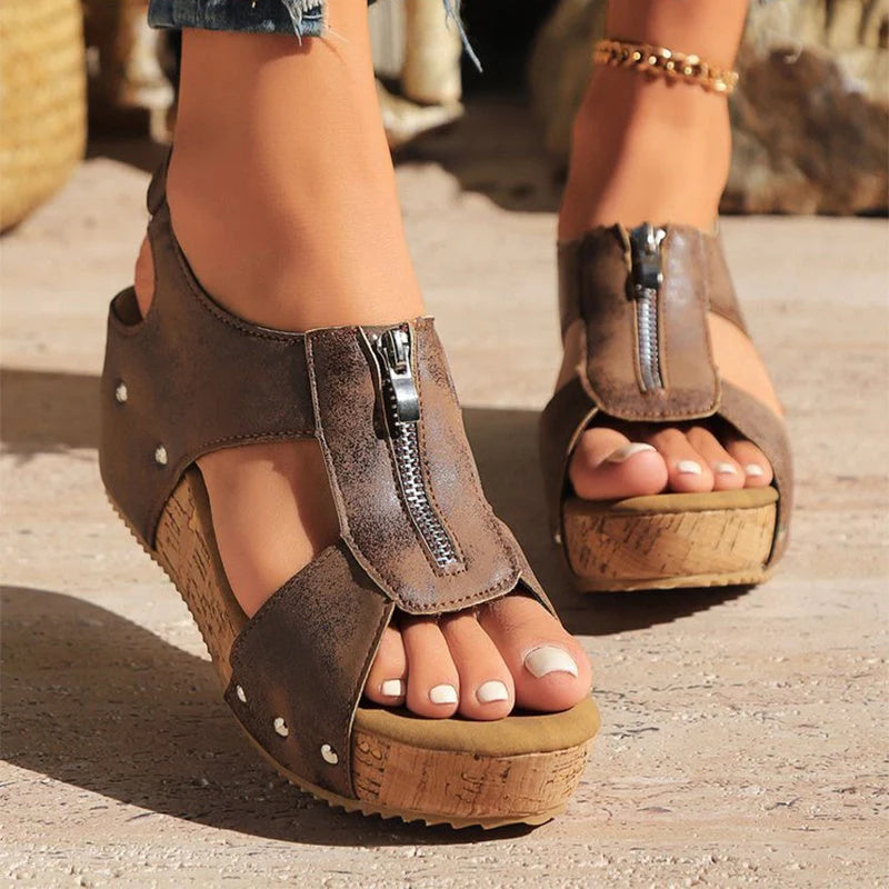 Women's lightweight zipper wedge sandals in black, brown, and milky white