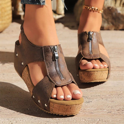 Women's lightweight zipper wedge sandals in black, brown, and milky white