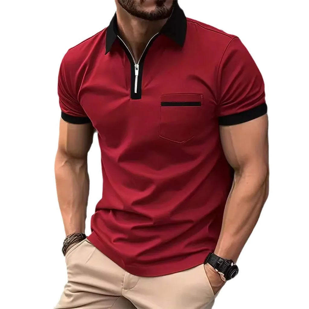 Men's casual short sleeve shirt with chest pocket and zipper decorations in multiple colour options