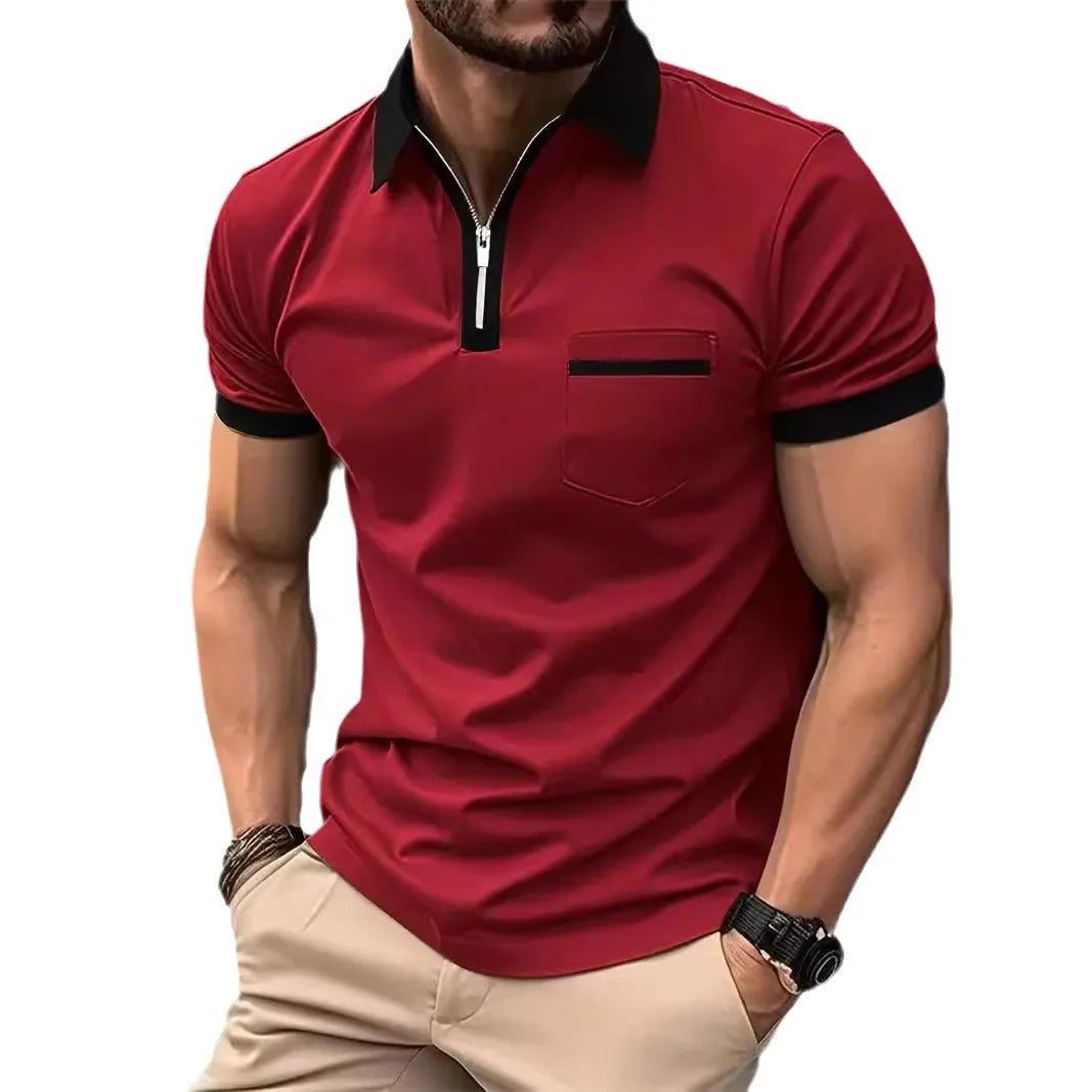 Men's casual short sleeve shirt with chest pocket and zipper decorations in multiple colour options