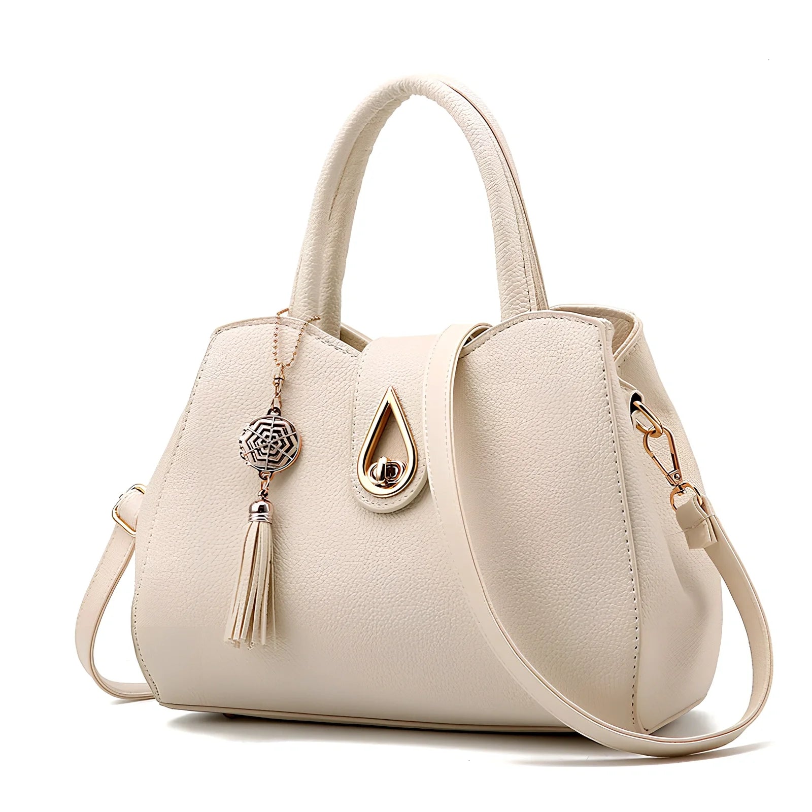 Women's litchi pattern PU leather tote bag with zipper closure and adjustable shoulder strap showing internal pockets