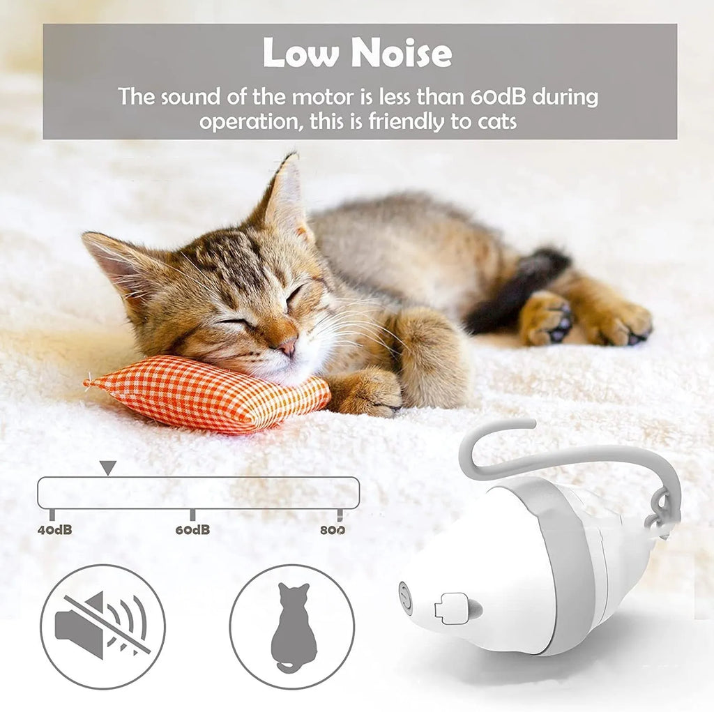 Gray 360 rolling mouse cat toy with feather tease on a floor