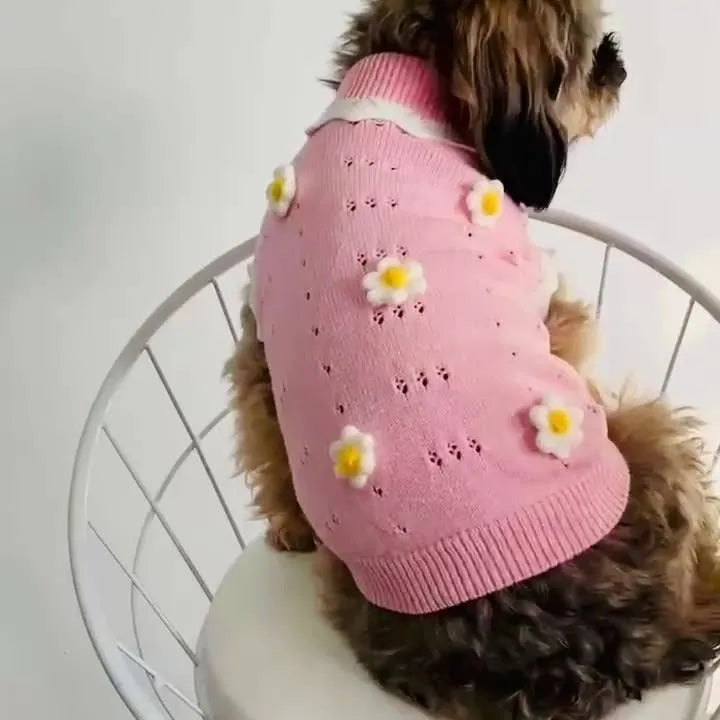 Flower blossom pattern dog and cat sweater for autumn and winter in pink and green colours