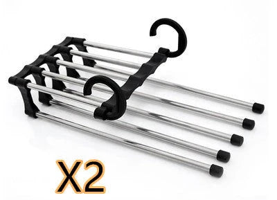 Versatile 5-in-1 stainless steel clothing rack with dual-hook system for organised wardrobe