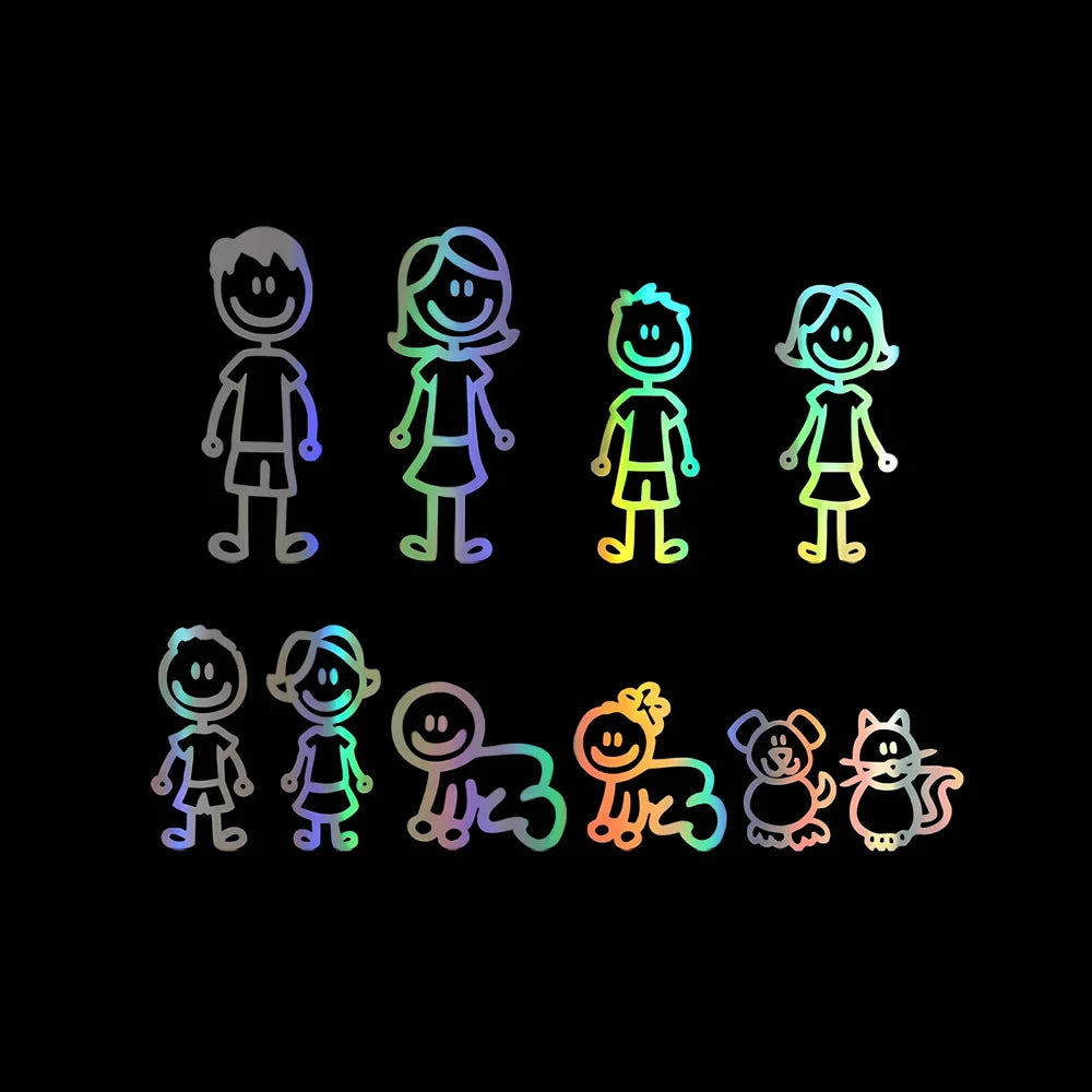 Big family cartoon car sticker measuring 38.3cm wide with black, white and laser colour options