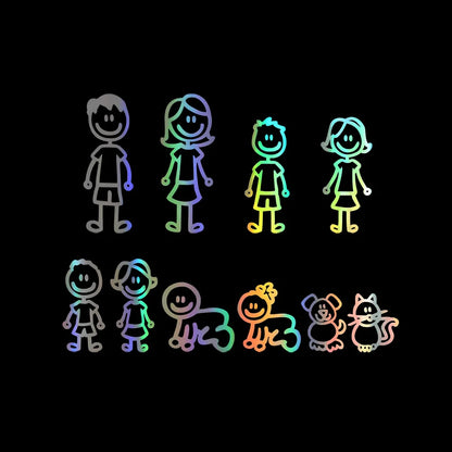 Big family cartoon car sticker measuring 38.3cm wide with black, white and laser colour options