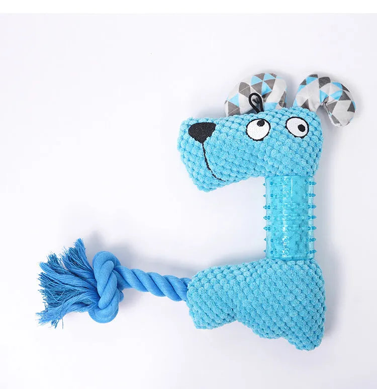 Corn Kernel TPR dog toy with squeaker and cotton rope tail in Blue, Fox size
