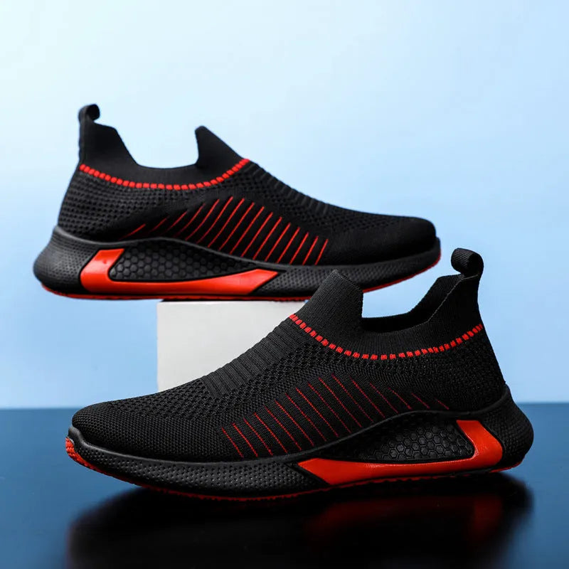 Men's mesh sock shoes with striped design and colourblocking for casual running
