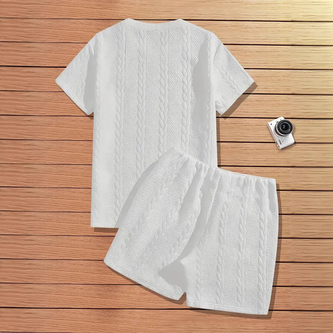 Men's black sports two-piece set with ribbed short sleeves and matching shorts