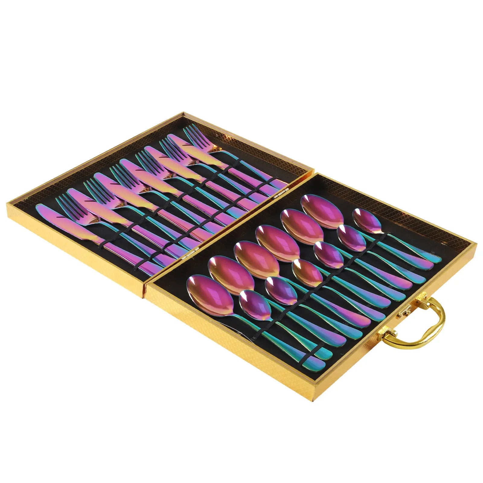 24-piece stainless steel tableware set including knives, forks and spoons in various colour options