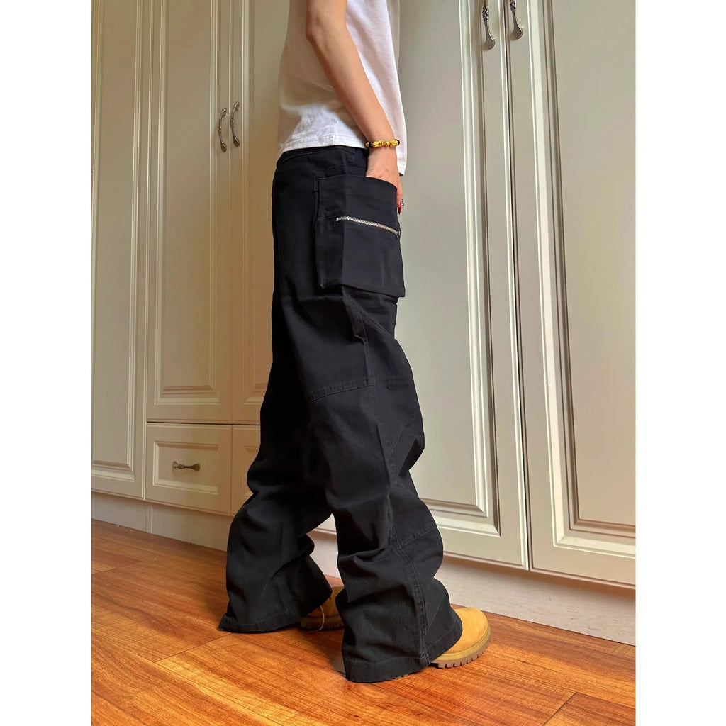 Double zipper work trousers with side pocket in black or green cotton fabric