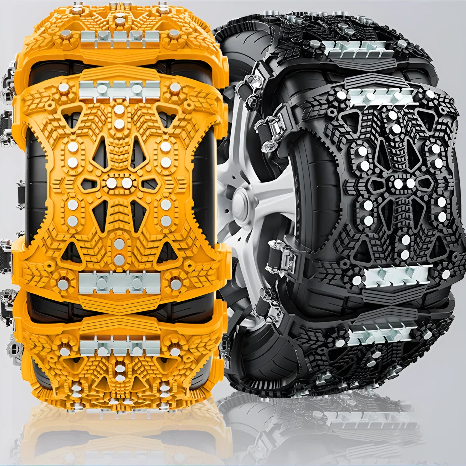 SUV winter snow chains with steel plates in black or yellow including snow shovel and tools