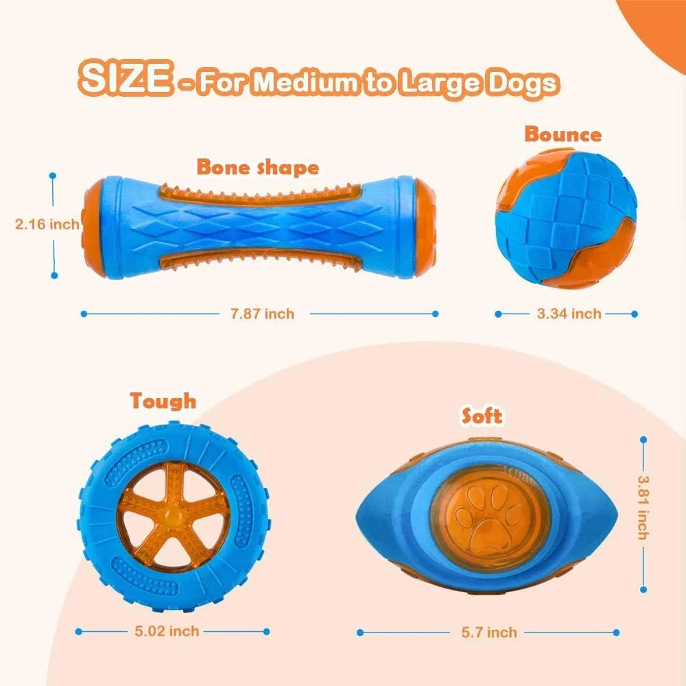 Three TPR floating squeaky dog toys: a red ball, a blue barbell, and an orange tyre.