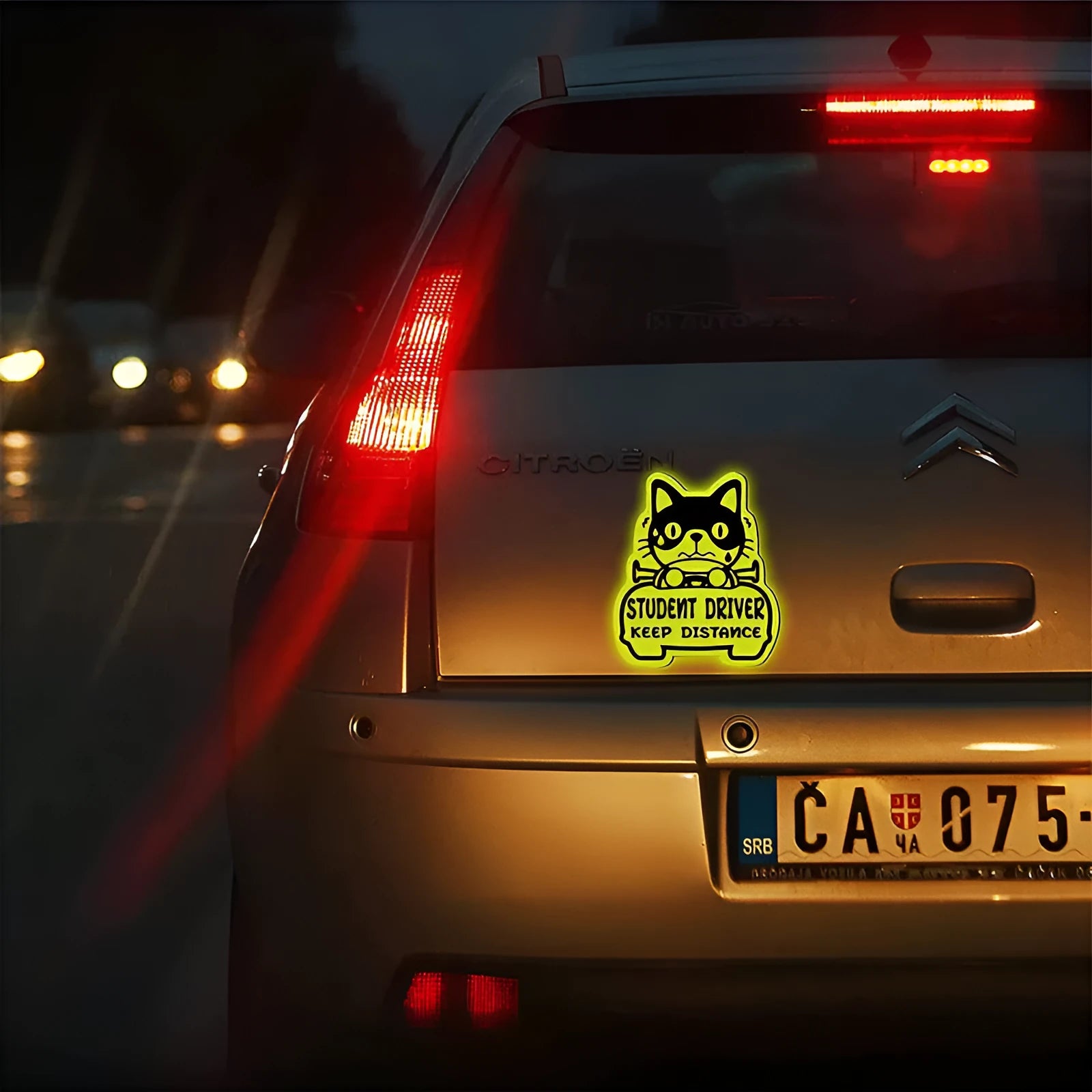 Set of three reflective magnetic car stickers featuring cat, duck, and panda designs on a vehicle window.
