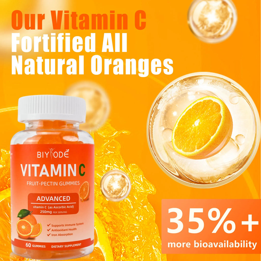 Vitamin C gummies in a bottle, vegan sugar-free immune support supplement, 60 gummies per container