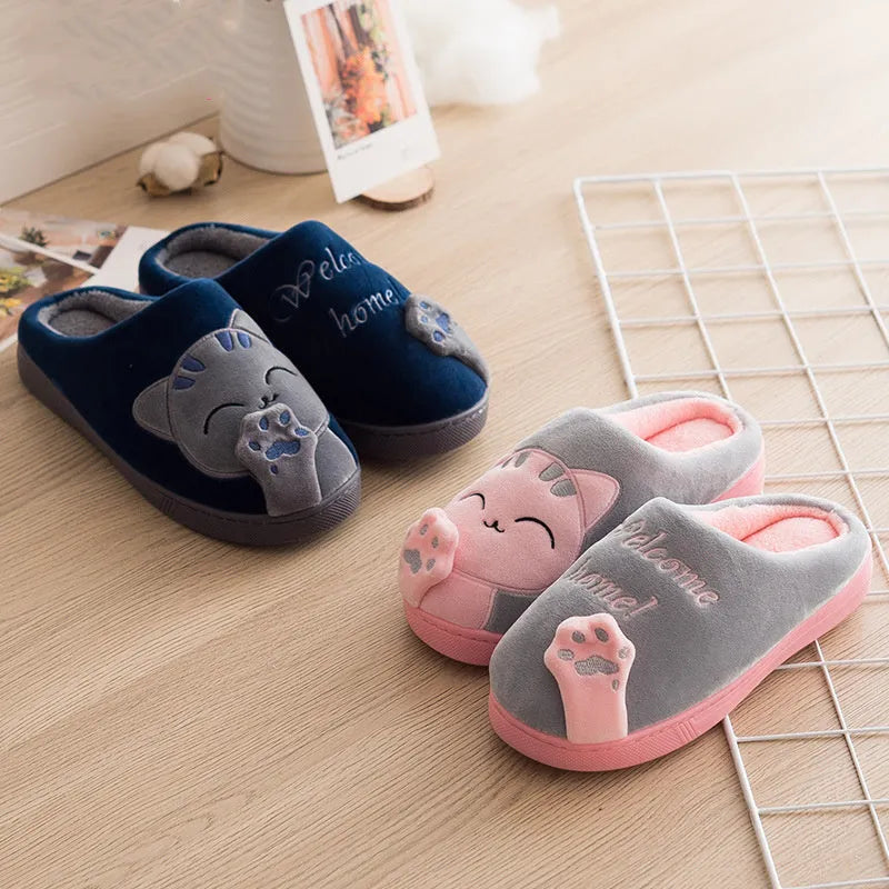 Cute cat slippers for women and men, pink lucky cat design with plush upper and non-slip sole