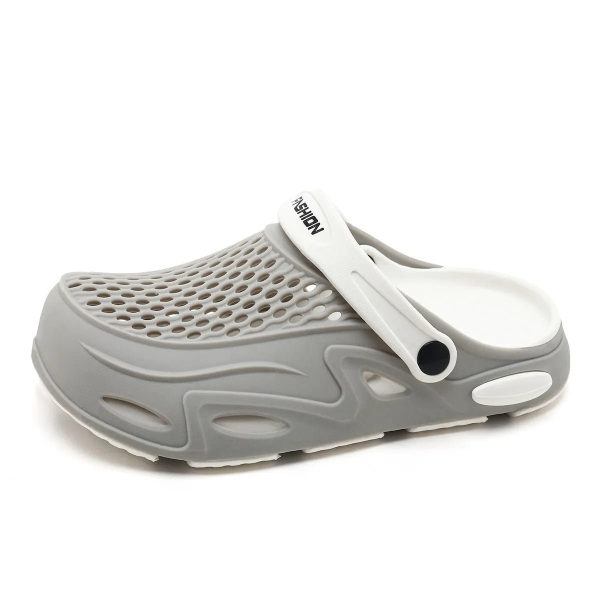 Men's grey closed toe EVA beach slippers with a non-slip sole and flat heel on a poolside.