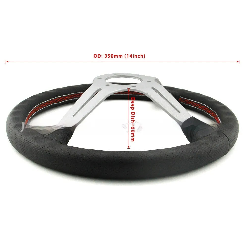 14-inch leather steering wheel with a concave centre and perforated grip, showing black skeleton option.