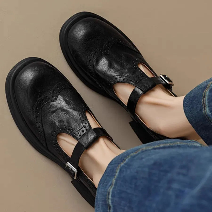 Women's casual sheepskin hollow flower flat loafers in brown, round toe, low top, T-strap style