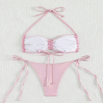 Pink women's reflective bikini swimsuit with adjustable drawstring straps for enhanced water visibility