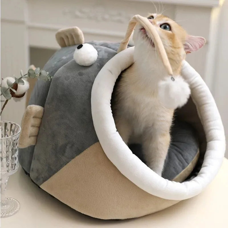 Grey deerskin velvet lantern fish-shaped semi-closed cat bed for indoor use.