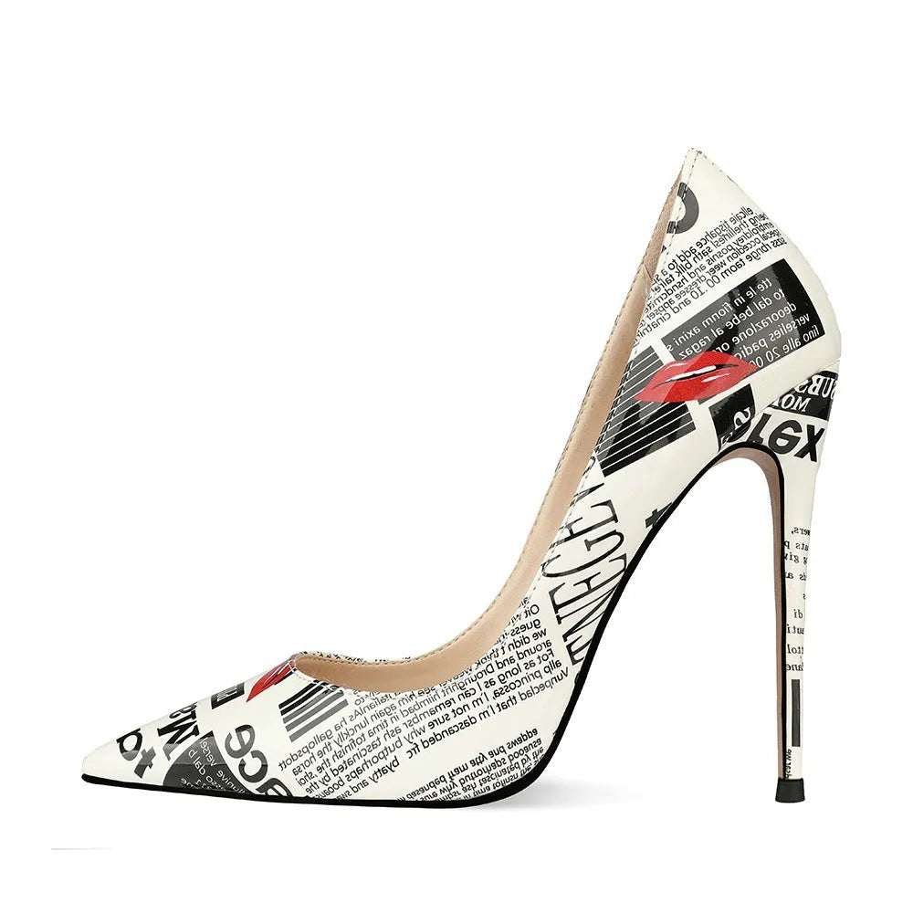 12cm graffiti fashion women's pointed toe stiletto heels with rhinestones on catwalk