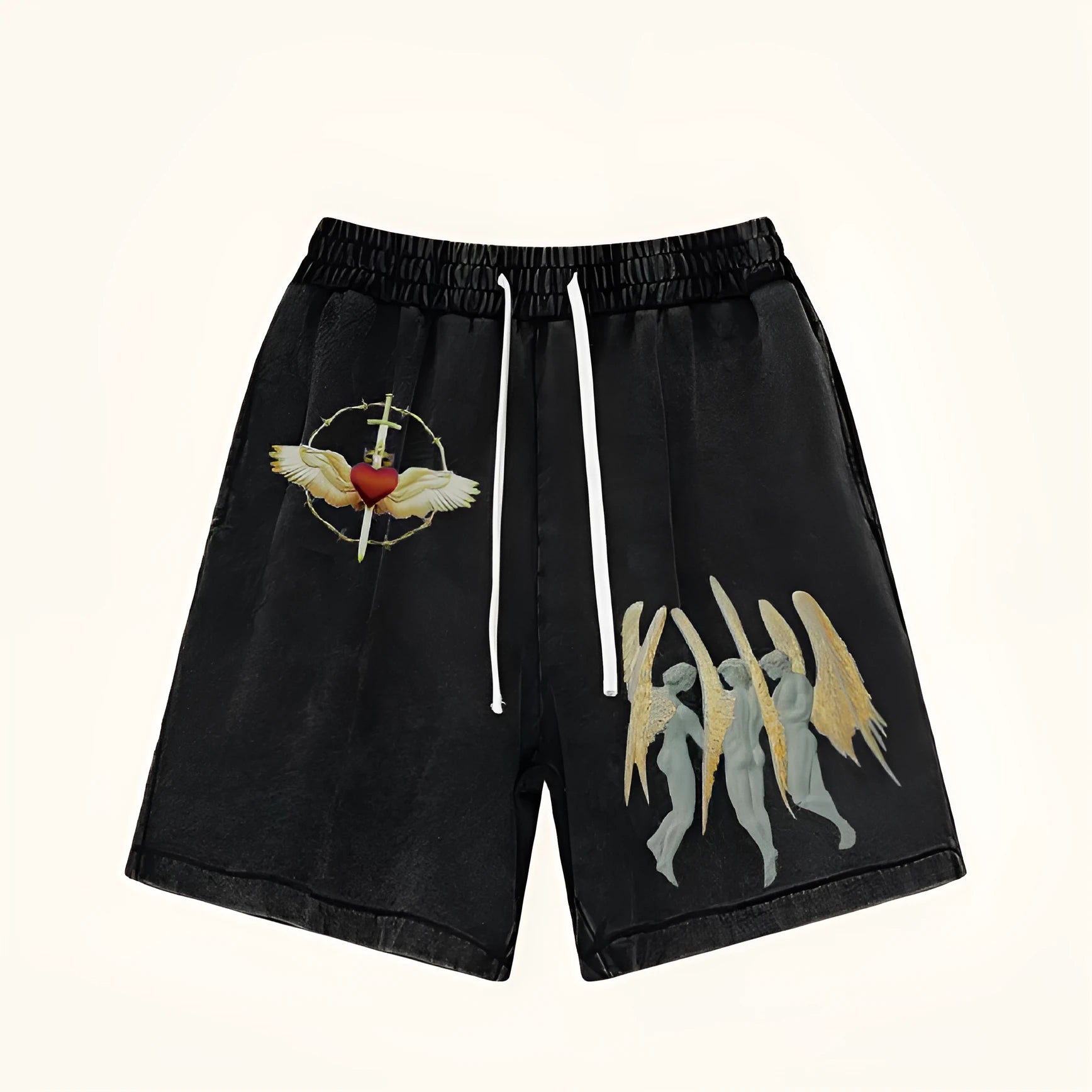 Men's vintage washed loose drawstring shorts in 100% cotton, black colour, front view